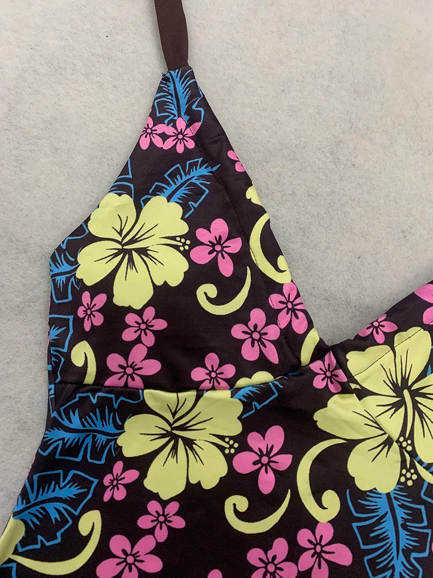 Retro Hawaiian Style Women Tankini Swimwear Floral Halter V Neck Shir Top Matching Brown Short Bottom Self Tie Waist Beach Suits