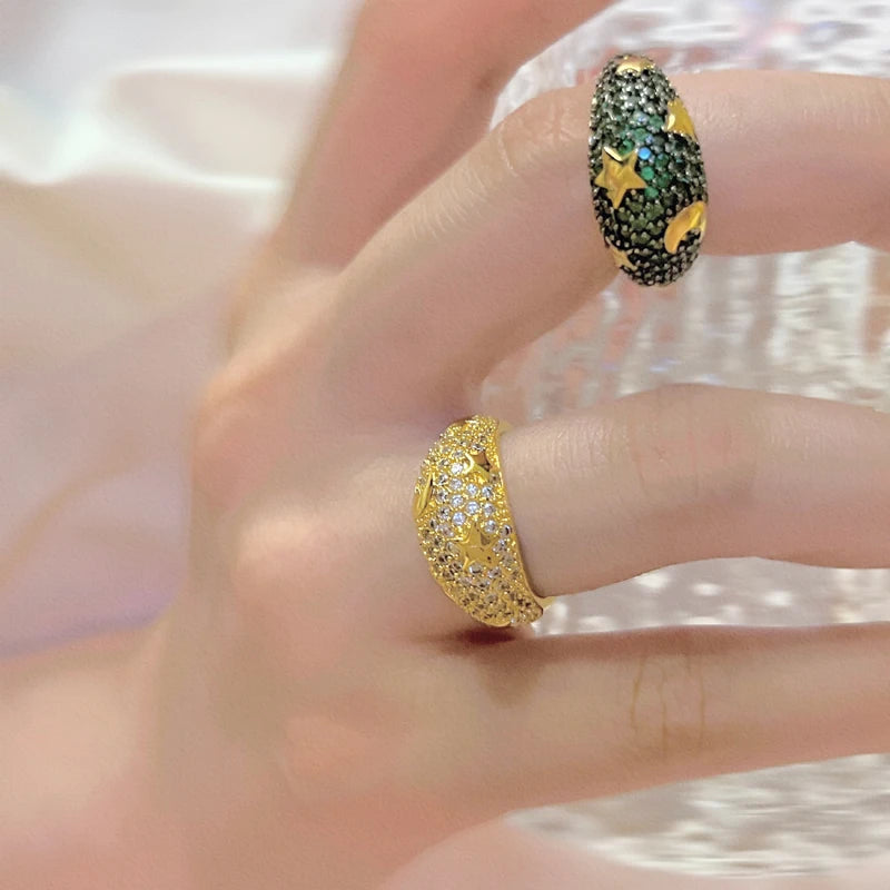 2025 Gold Color Rainbow Fashion Bling Moon Star Ring For Women Men Hip Hop Iced Out Paved Colorful Neon Enamel Luxury Jewelry