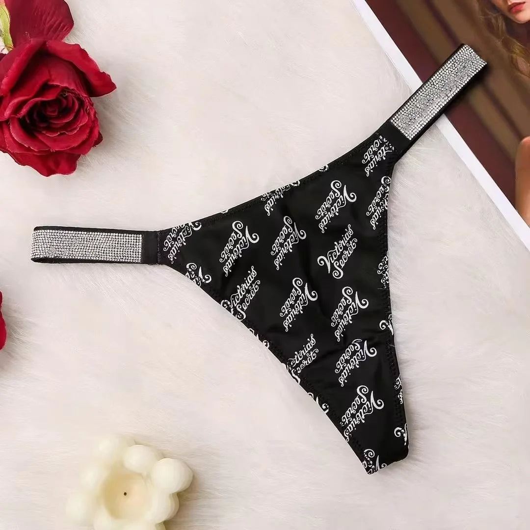 Fashion large size printed women's underwear comfortable rhinestone sexy underwear pink brand thong seamless t-pants metal chain