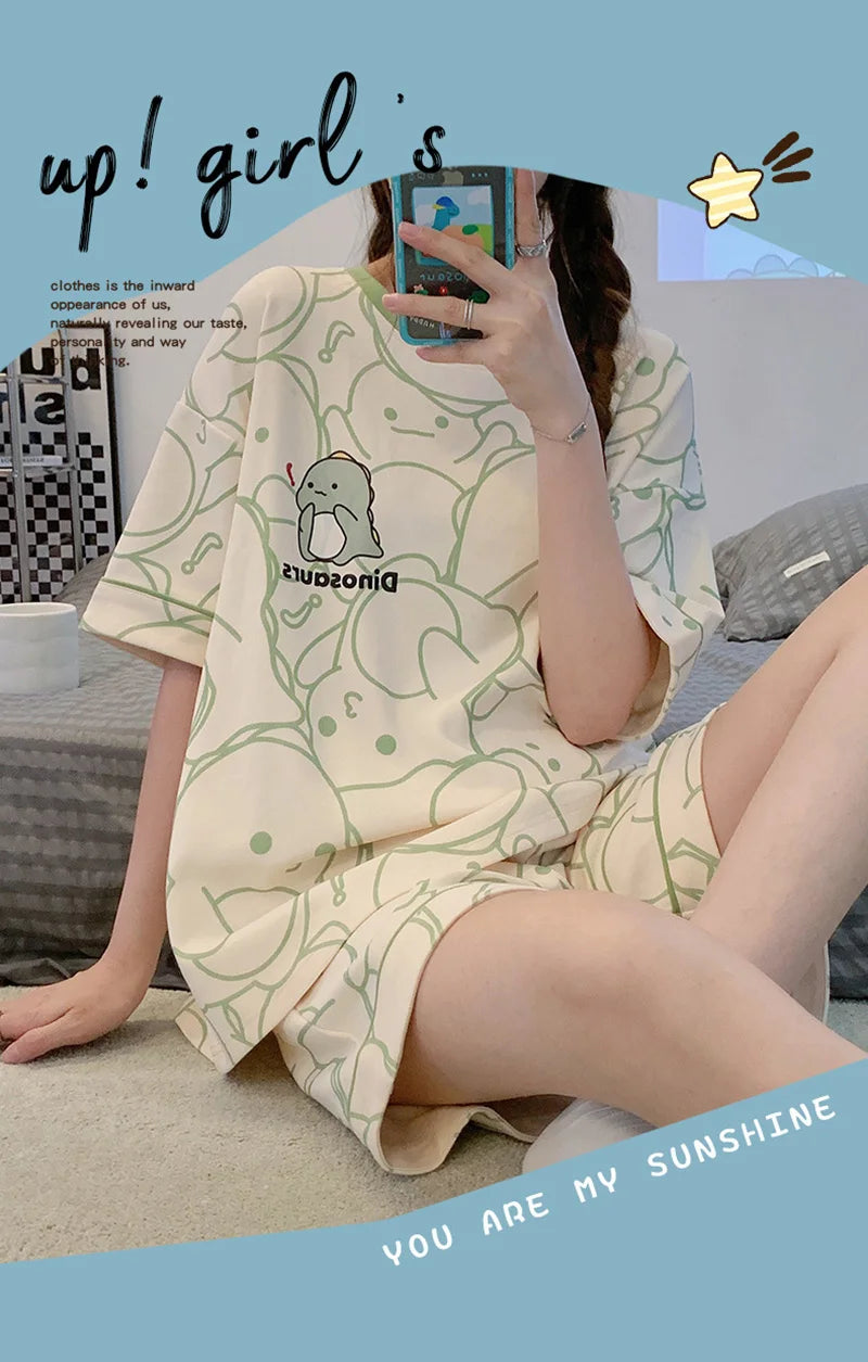 New Women's Pajamas Two-Piece Summer Thin Section Of Short-Sleeved Shorts Cute And Comfortable Milky Outwear Homewear Suit