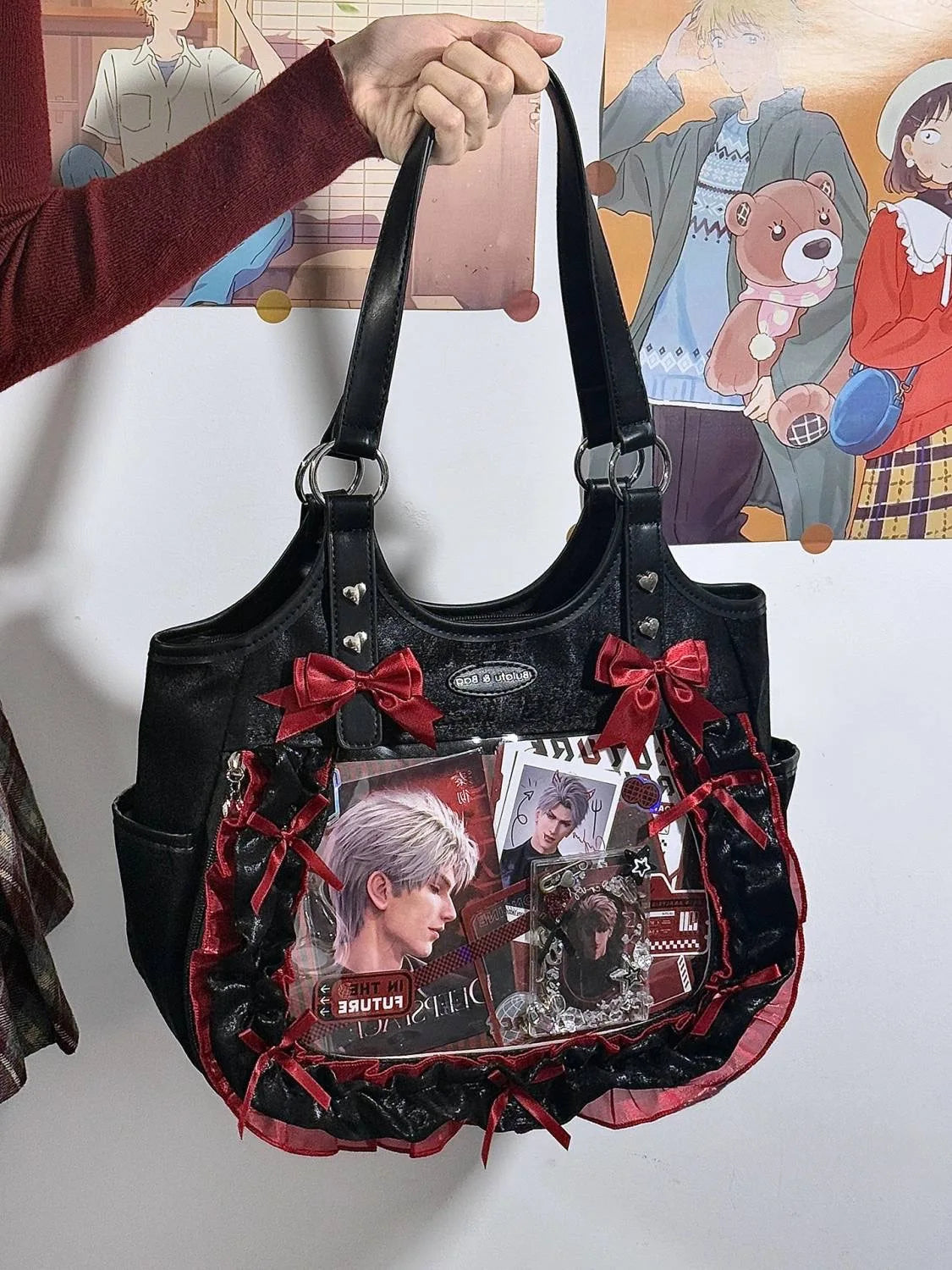 Women Luxury Design Ruffled Lolita Handbag Punk Gothic Bow Crossbody Bags Transparent Sweet Lace Shoulder Ita Bag Y2k Aesthetic