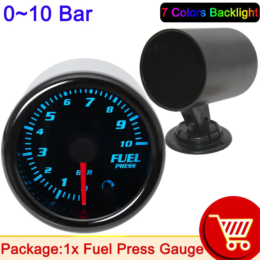 HD 52mm Fuel Press Gauge with Fuel Pressure Sensor 1/8NPT 0~10 Bar 7 Colors Backlight Fuel Pressure Gauge Car Oil Pressure Meter