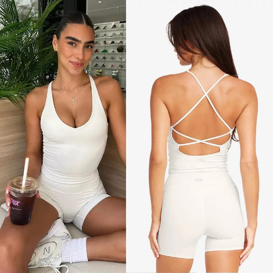 Women's Strappy Cross Back Tank Top & High Waist Biker Shorts | Yoga Gym Fitness Workout Sportswear