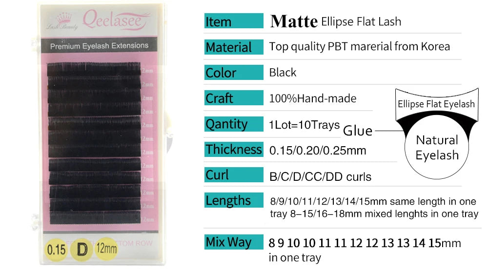 10 trays Qeelasee Flat Ellipse Eyelashes Split Tips Lashes 0.15 0.20 0.25Matte C D CC DD Black Color Super Soft Natural