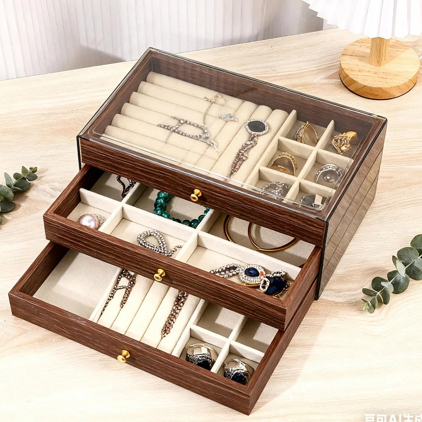 3-layer Large Capacity Drawer Walnut Wood Jewelry Storage Box Suitable for Earring Necklace Ring Jewelry Oxidation Prevention
