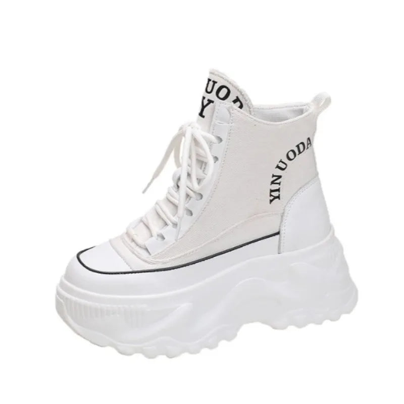 Women Sneakers High Top Platform Breathable Leather Shoes 2023 Autumn Ladies Wedges Casual Shoes For Woman Sports Dad Shoes 8CM