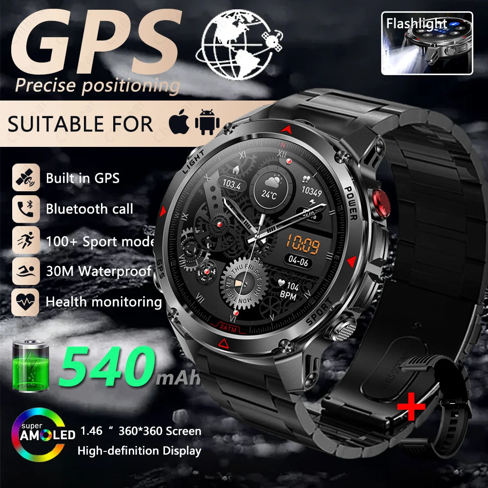 2025 New Outdoor Millitary Smart Watch Men GPS Positioning 540mAh Battery Waterproof Sports Fitness Tracker BT Call Smartwatch