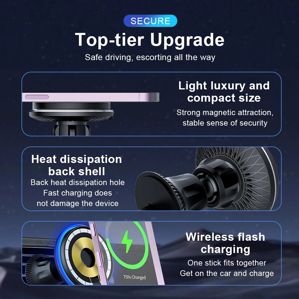 Wireless car charger, 15W fast charging magnetic phone holder, suitable for iPhone 12 13 14 15 16 Pro Max wireless car charger