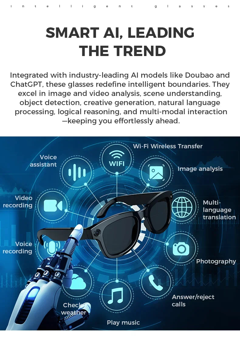 AI Smart Glasses Built-in HD Camera Glasses Bluetooth Wireless Audio Intelligent Glasses Anti-glare Anti-blue connected glasses