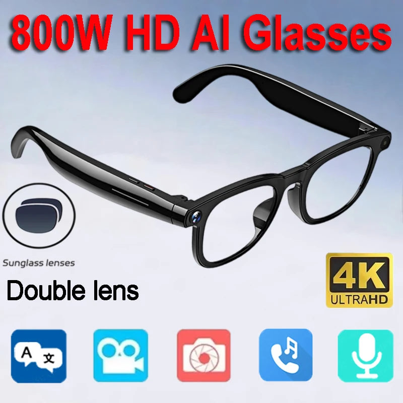 800W Pixel Intelligent Glasses AI HD Shooting Video Recording Voice Call Translation Glasses Two Replaceable Eyeglass Lenses