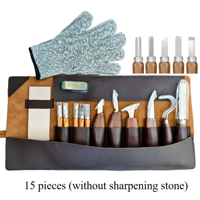 Woodworking Tools Professional Square Handle Woodcarving Vintage Leather Set 12 Pieces Furniture Detail Relief Project Essential