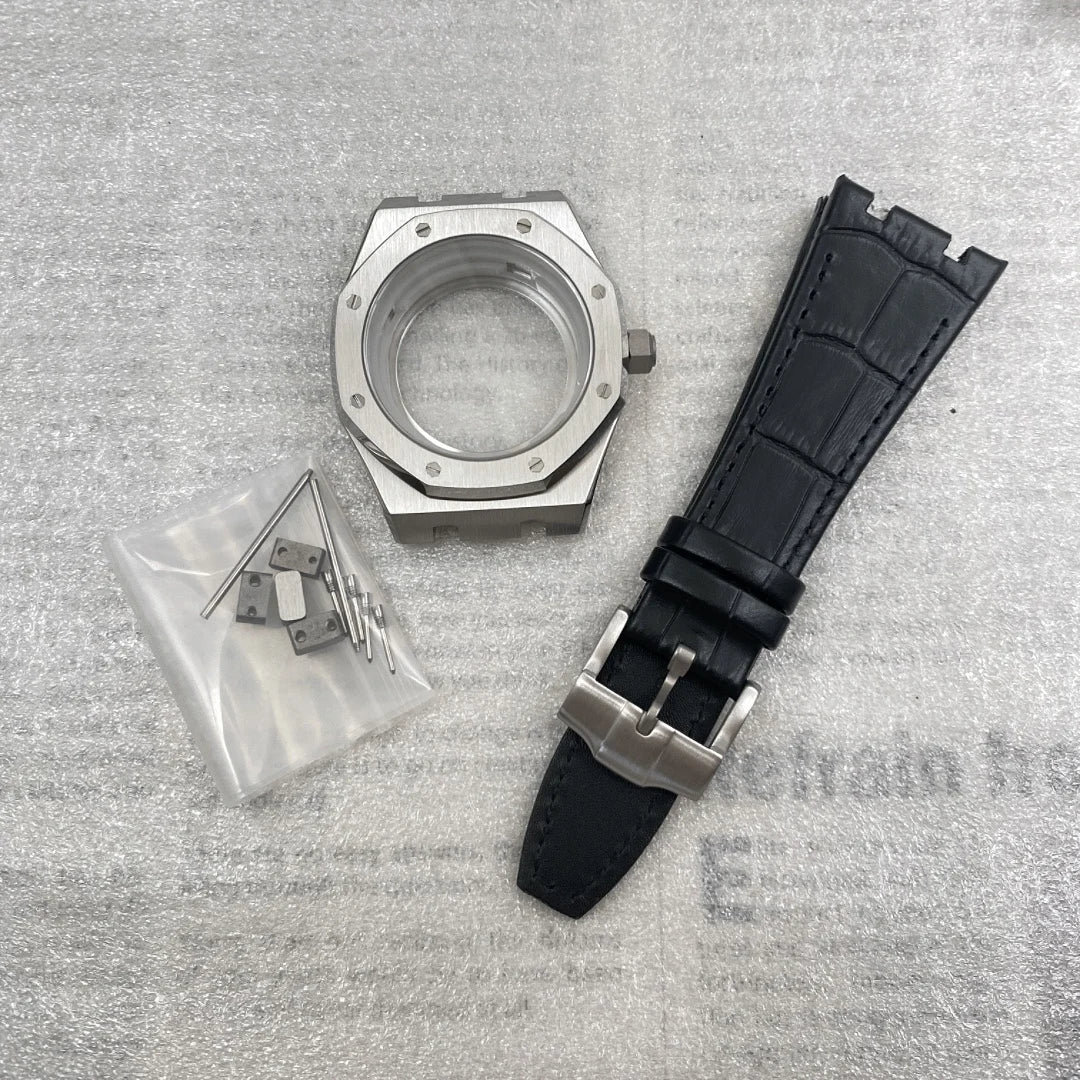 42mm Octagonal Watch Case Leather Bracelet Fit 31.8mm Waffle Dial Sapphire For NH35/36 Automatic Movement Pin Buckle Mod Parts