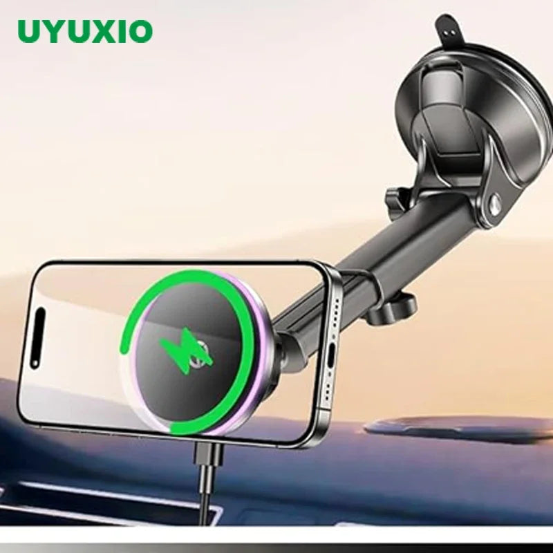 UYUXIO Magnetic Wireless Car Charger Windshield Dash 15W Fast Charging Adapter for iPhone 17 16 15 14 13 Car Mount Phone Holder