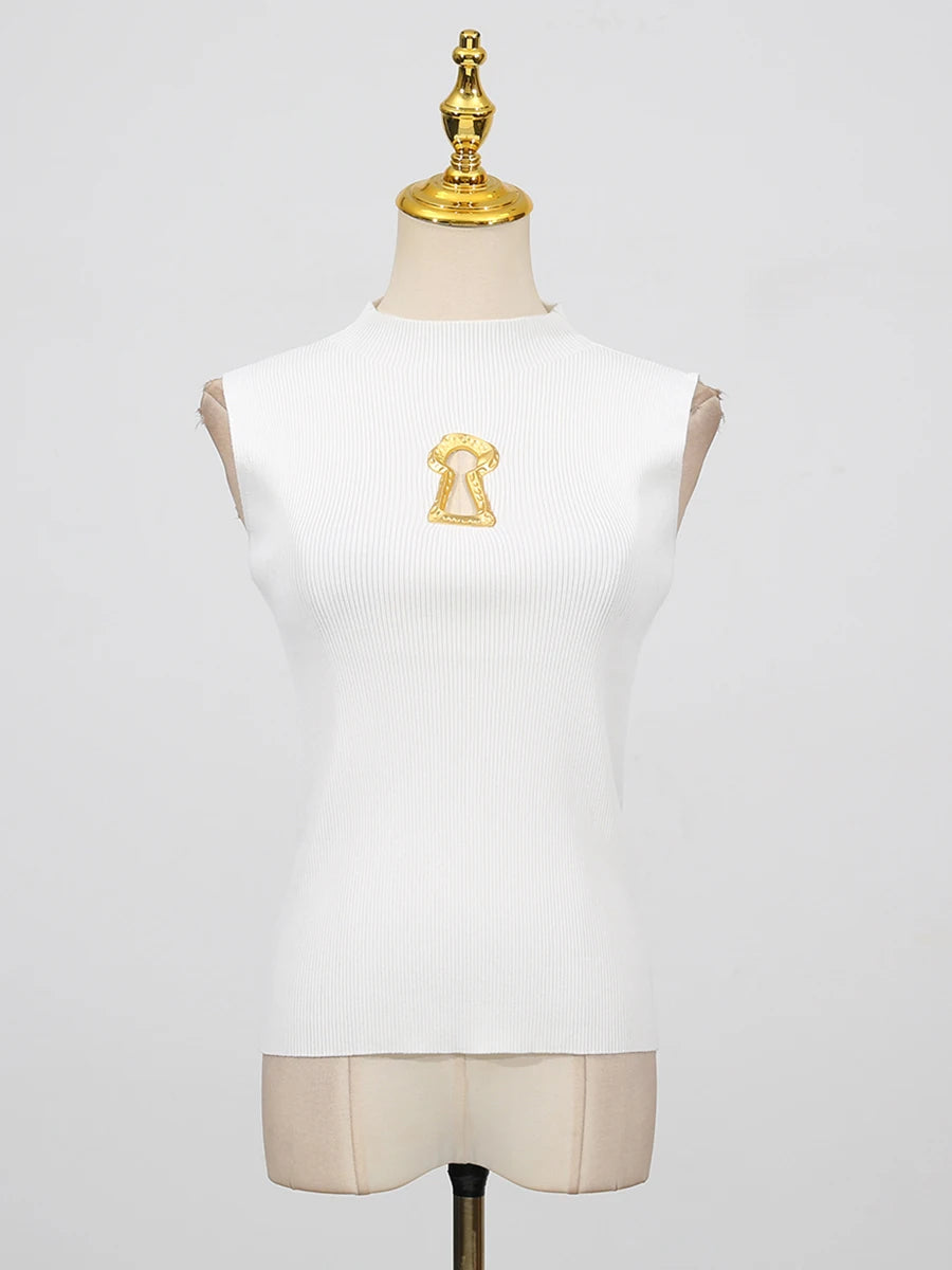 VGH American Casual Spliced Hollow Out Vest for Women Stand Collar Sleeveless Slimming Minimalist Tank Top Female Clothing New