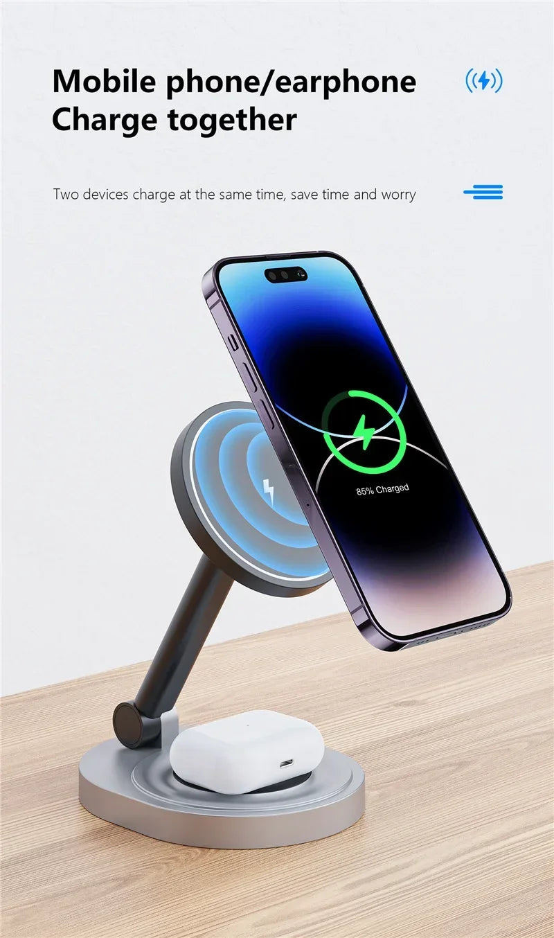 2 in 1 Folable Magnetic Wireless Charger Phone Holder Stand For Magsafe iPhone 17 16 15 14 13 12 Airpods 4/3 Pro 2 Fast Charging