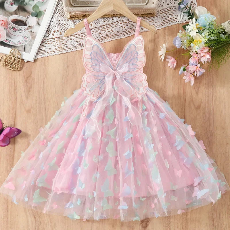 Baby Girls Big Butterfly Wings Gauze Princess Dress Lovely Kids Summer Sleeveless Tulle Sling Dress Children Birthday Party Gown