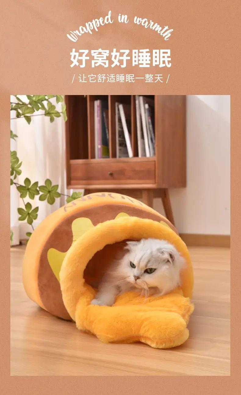 Autumn/Winter Trendy Honey Jar Cat House - Enclosed and Insulated Small Dog Kennel for All Seasons Pet Bed