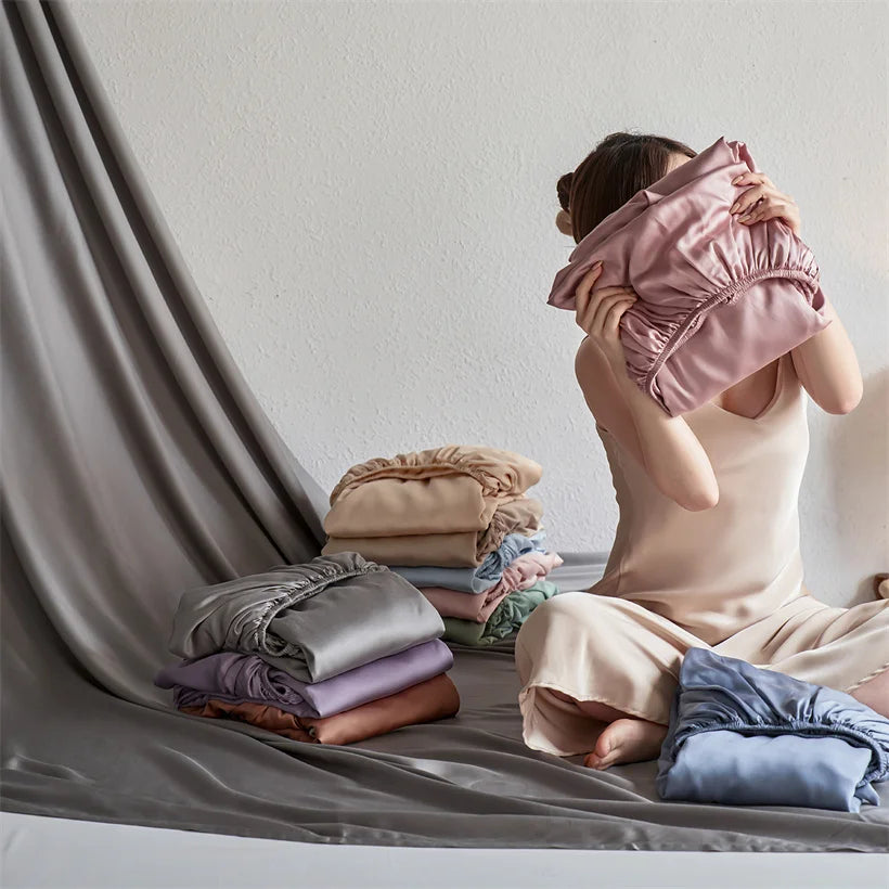 Pure Natural Mulberry Silk Fitted Sheet with All Around Elastic Band Soft Silky Breathable Mattress Cover Luxury Anti-Slip Sheet