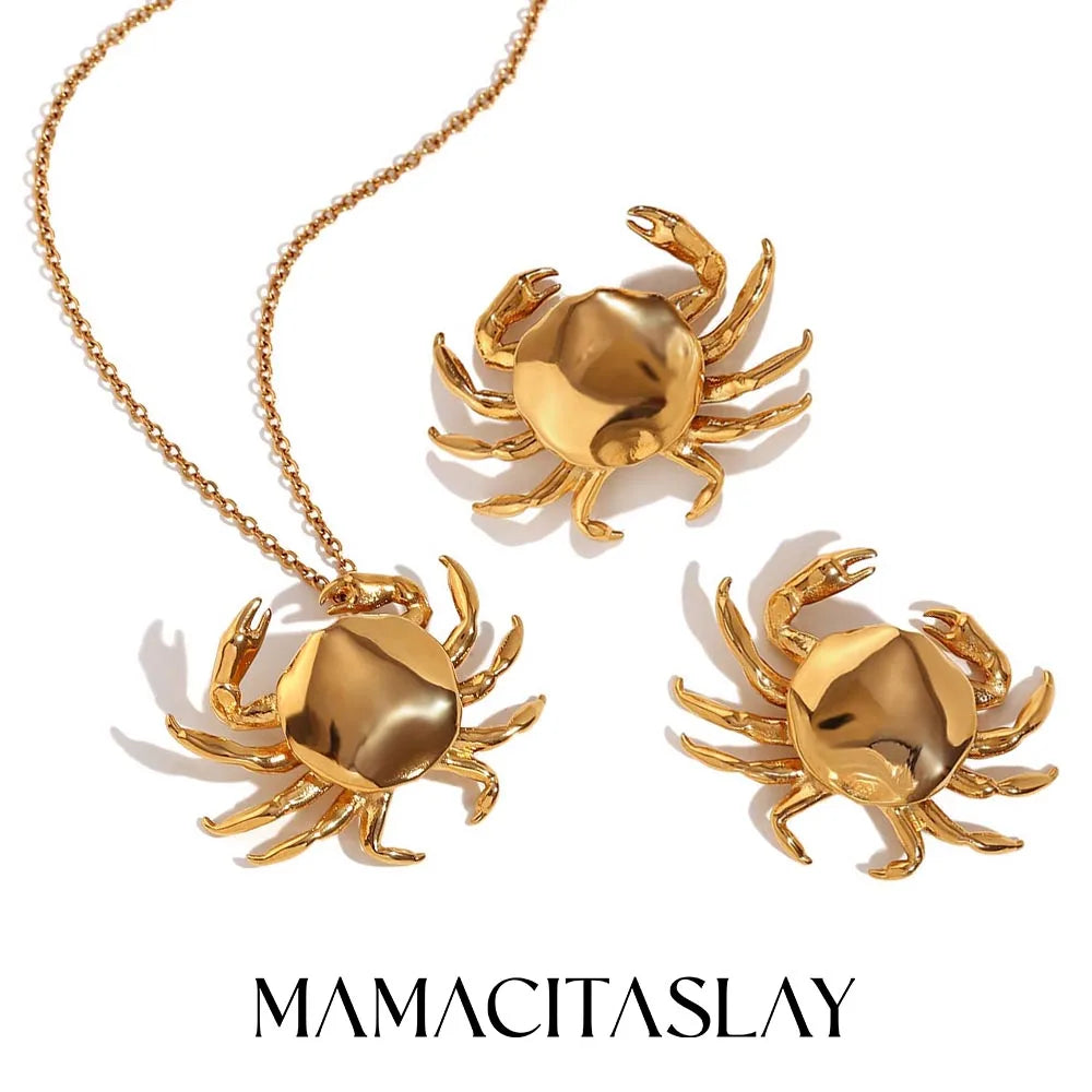 MamacitaSlay 2025 New Design Stainless Steel Crab Pendant Necklace Earrings 2PCS Holiday Party Waterproof Jewelry Set Women