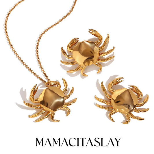 MamacitaSlay 2025 New Design Stainless Steel Crab Pendant Necklace Earrings 2PCS Holiday Party Waterproof Jewelry Set Women