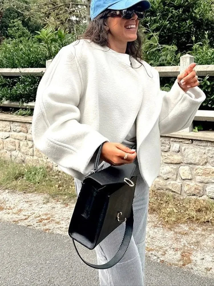 Women's Fashion Solid Thicken Cropped Jacket Top Long Sleeve Warm Autumn Winter Cardigan Female Casual Loose Woolen Streetwear