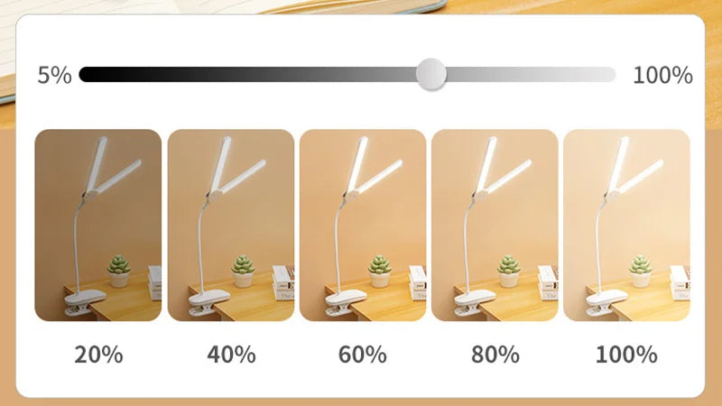 Dual Head Clip Table Lamp LED Rechargeable Eye Protection Desk Lamp Flexible Dimmable Night Lamp For Children Study Kids Reading
