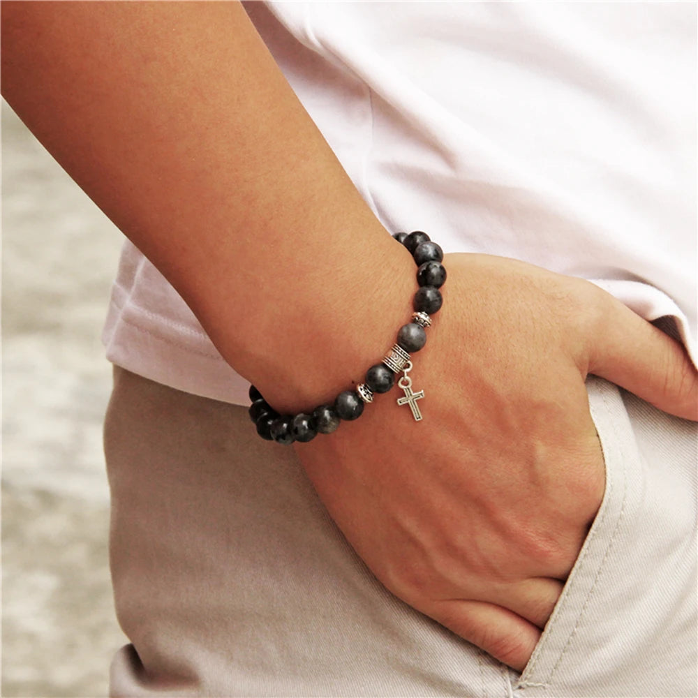 Cross Pendent Stretch Bracelet Natural Grey Map Labradorite Turquois Stone Bead Bracelet Prayer Bangle Men Vintage Jewelry Gift