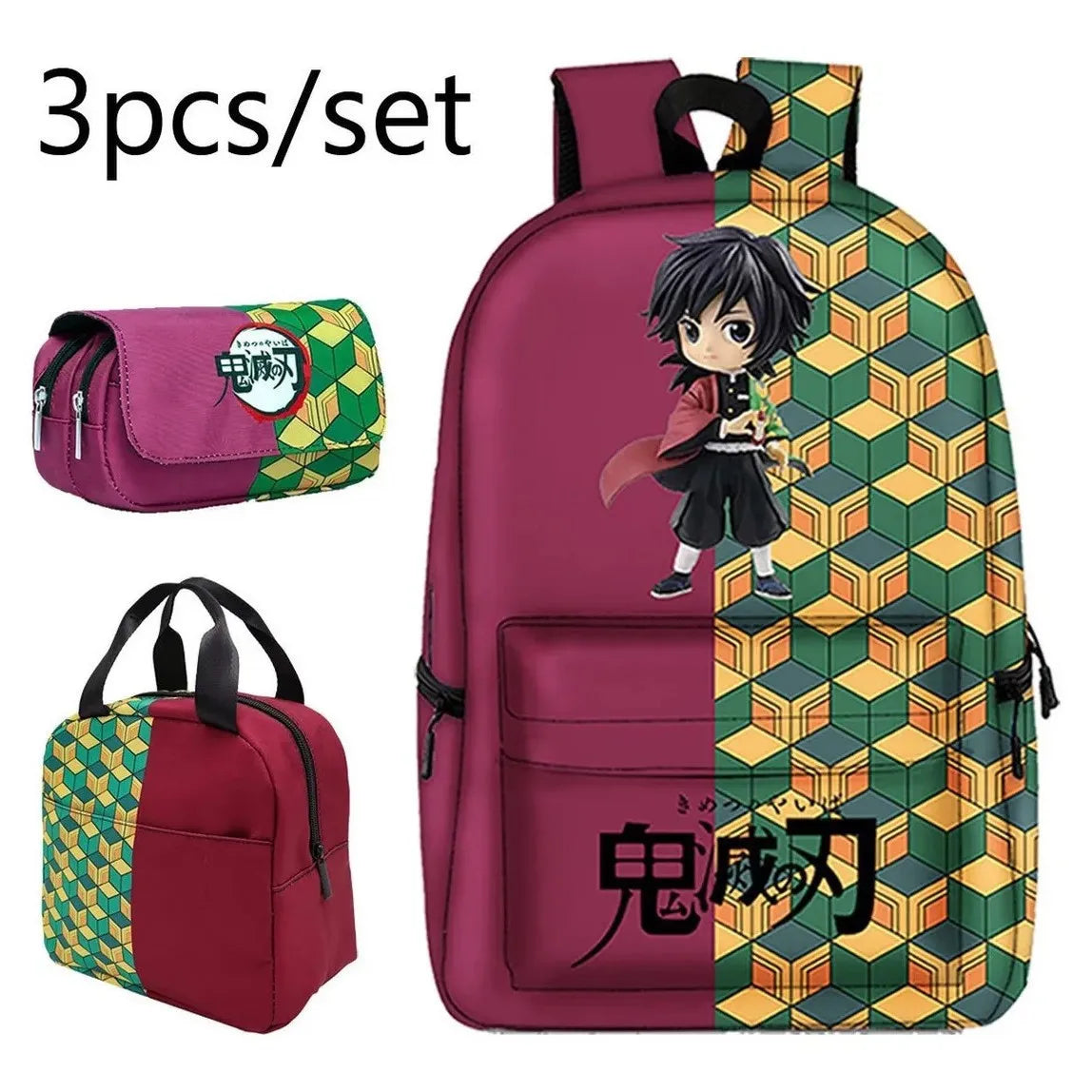 Demon Slayer Backpack Anime Print Large capacity School Bag 3 Piece Set Lunch Bag Pencil Case Tanjirou Nezuko Boy Girl Student