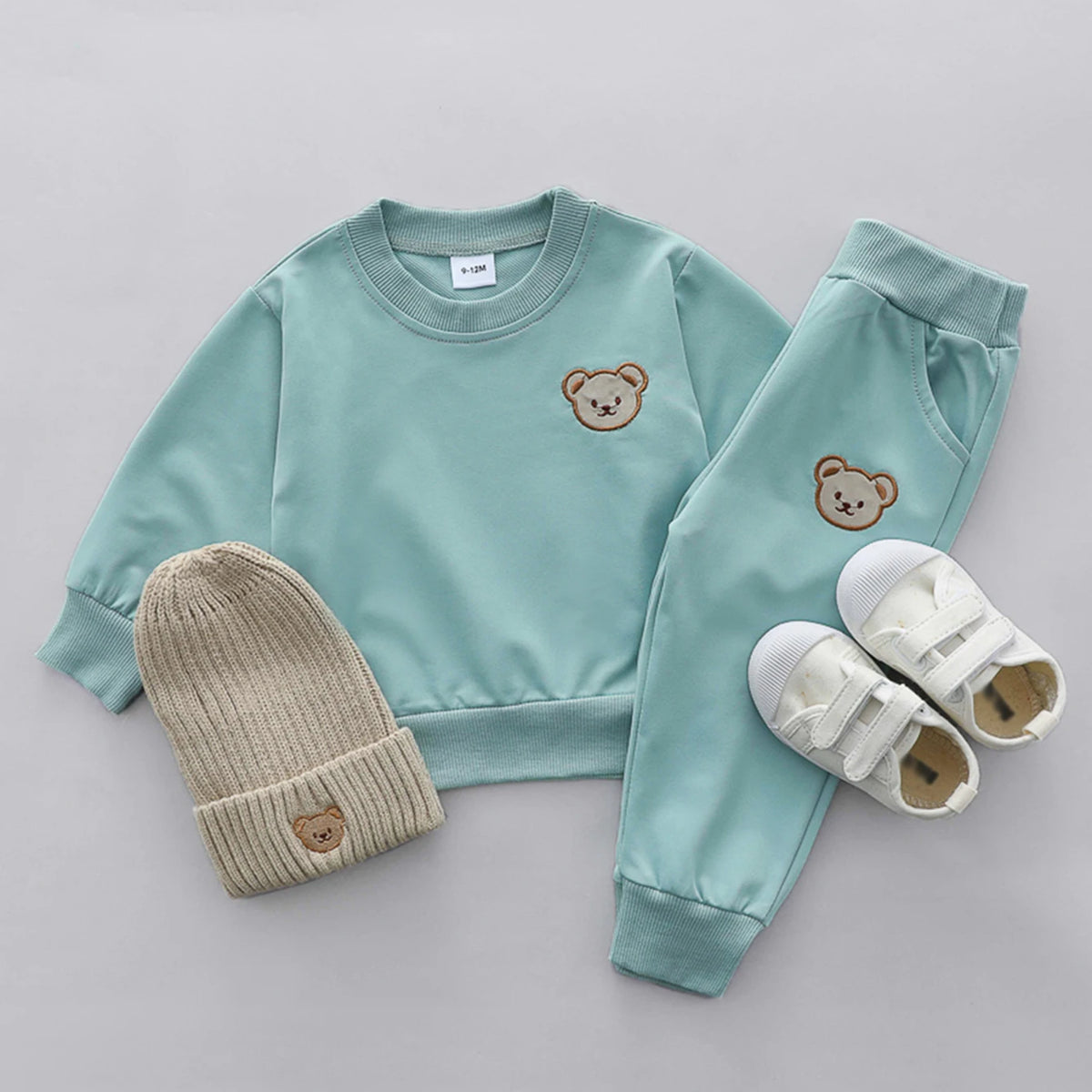 2PCS Children's Set Spring and Autumn Simple Little Bear Head Round Neck Long Sleeve Pants Outdoor Set for Young Children