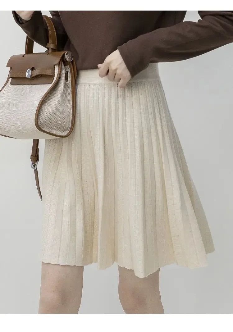 Clothes for Women Autumn Winter Korean Fashion Sexy Sweet Chic Pleated Skirts Elegant High Waist Solid Slim A-line Knitted Skirt