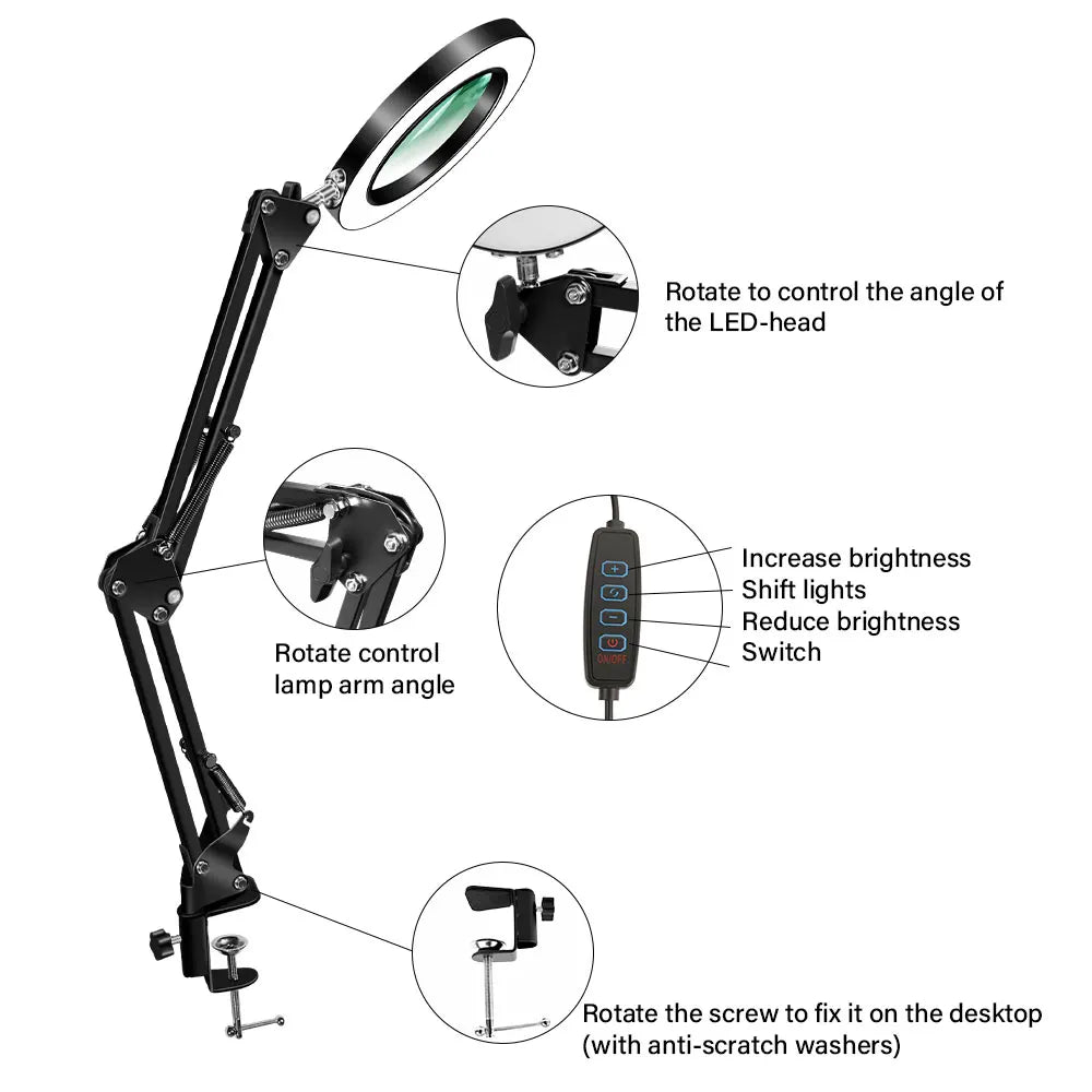 USB Powered Magnifier Desk Lamp 8X/10X Magnification 72 LED 3 Color Temperature Modes for Soldering Watch Repair and Beauty Care
