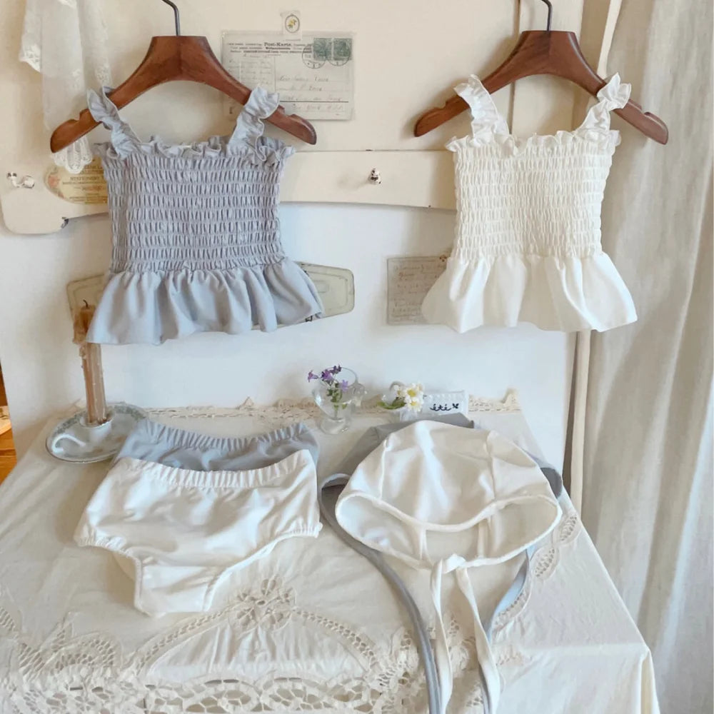 2024 Summer Newborn Infant Suit Kids Swimsuits Baby Girls Solid Color Suspenders Pleated Swim Dress+Shorts+Hat Todder 3Pcs Set