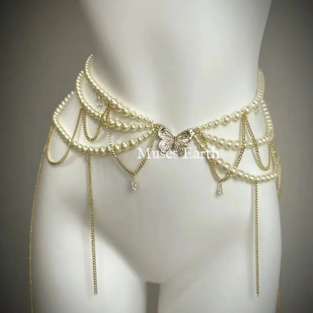 Fashion Elegant Pearl Waist Chains Waist Accessory Versatile Floral Belly Chain Boho Hip Chain Women