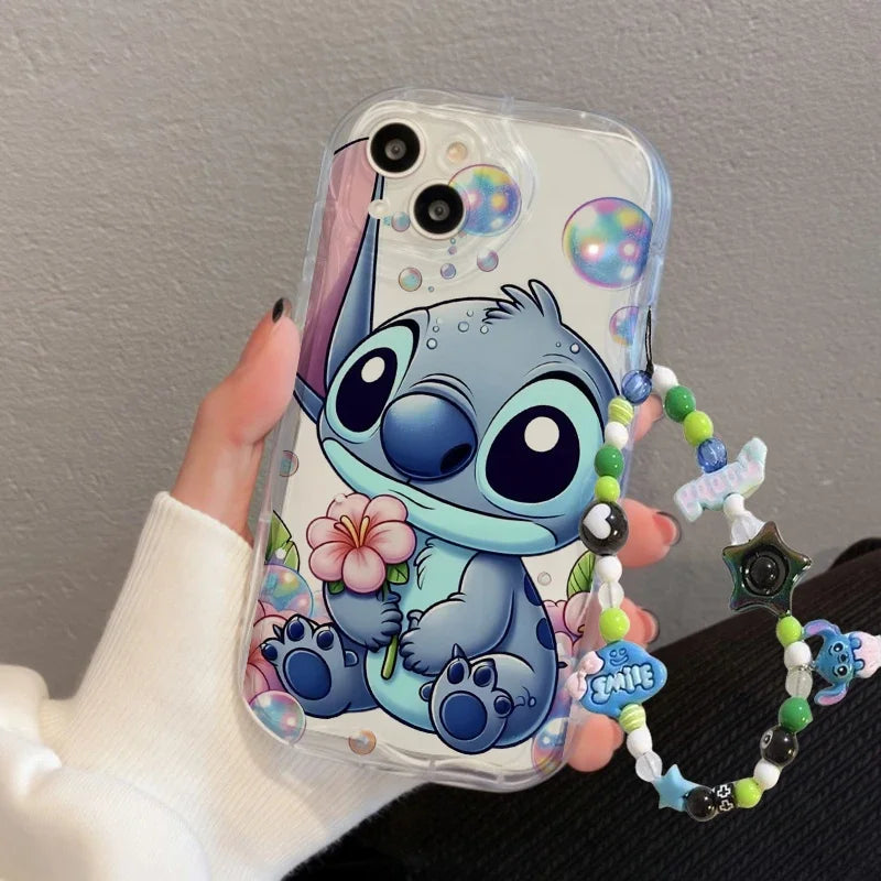 Cartoon Cute Stitch Wrist Strap Lanyard Case For iPhone 16 11 15 12 Pro Max 13 Mini 14 Plus 16e 7 8 Plus XR SE Shockproof Cover