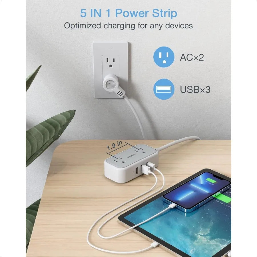 Small Power Strip Extension Cord with 2 AC Outlets 3 USB Ports Mini Desk Charging Station for Cruise Travel Office School Dorm