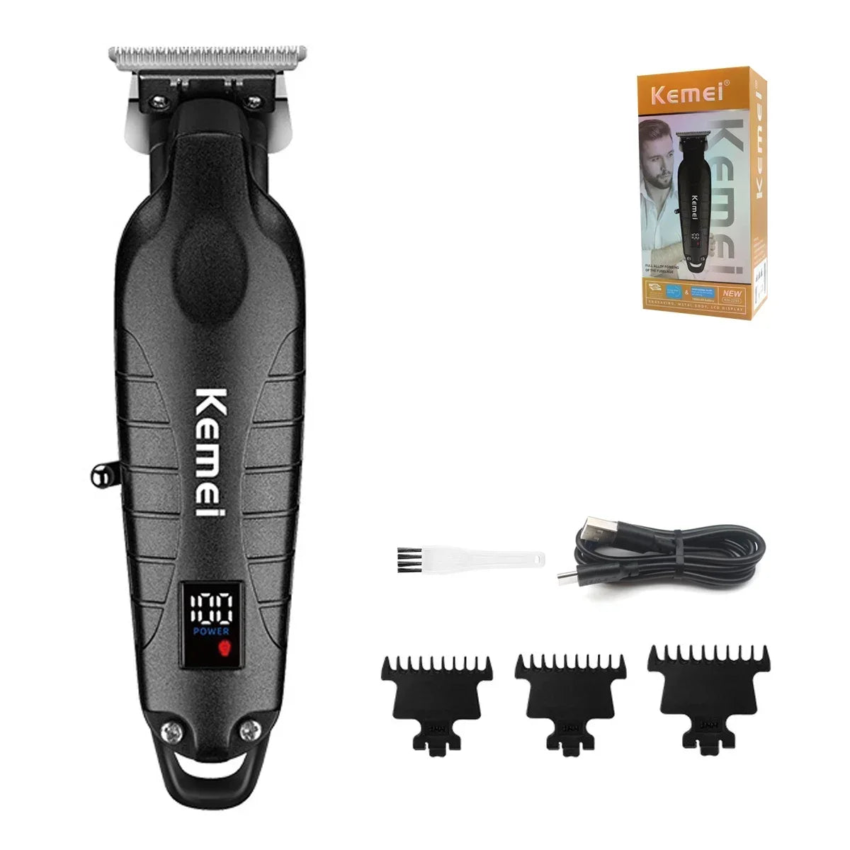 Kemei KM-2293 Professional Hair Trimmer Machine Zero Gapped Full Metal DLC T-Blade Finishing Machine USB LED Man's Hair Clipper
