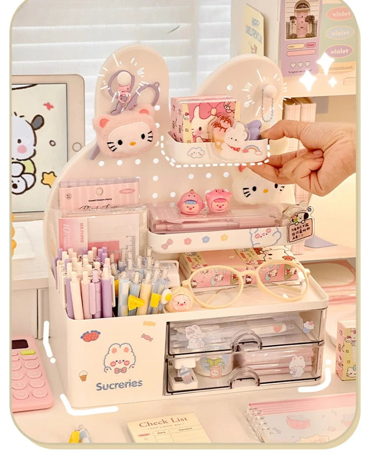 Desktop Hole Board Storage Box Desk Organizer Girls Cute Pen Holder Storage Stationary Rack Korean Kawaii Bunny Cosmetic Shelf