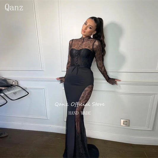 Qanz Modern Black Illusion Prom Dresses Lace Long Sleeves Mermaid Evening Dress Bottons Women Special Party Gown Customized