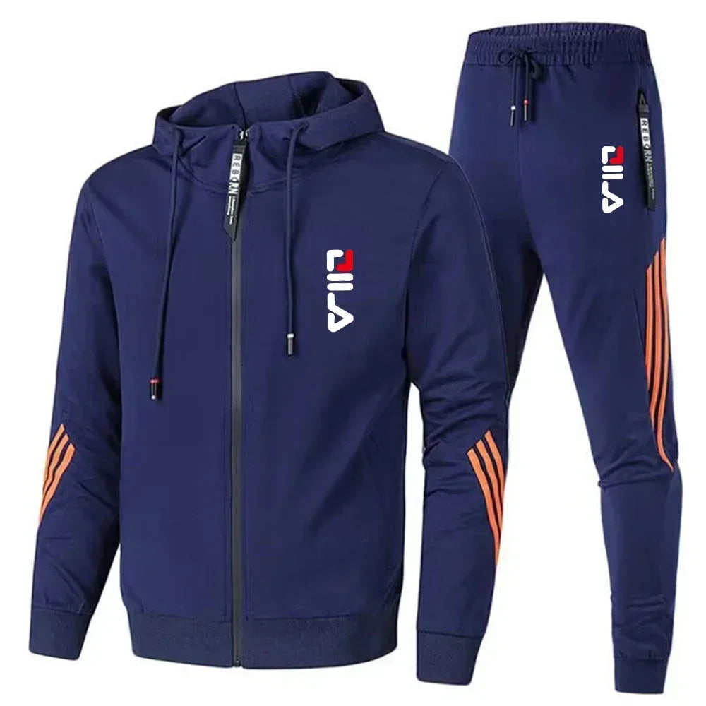 Spring and Autumn Fashion Men's fitness and sports set, featuring a hooded casual jacket and jogging pants in two pieces
