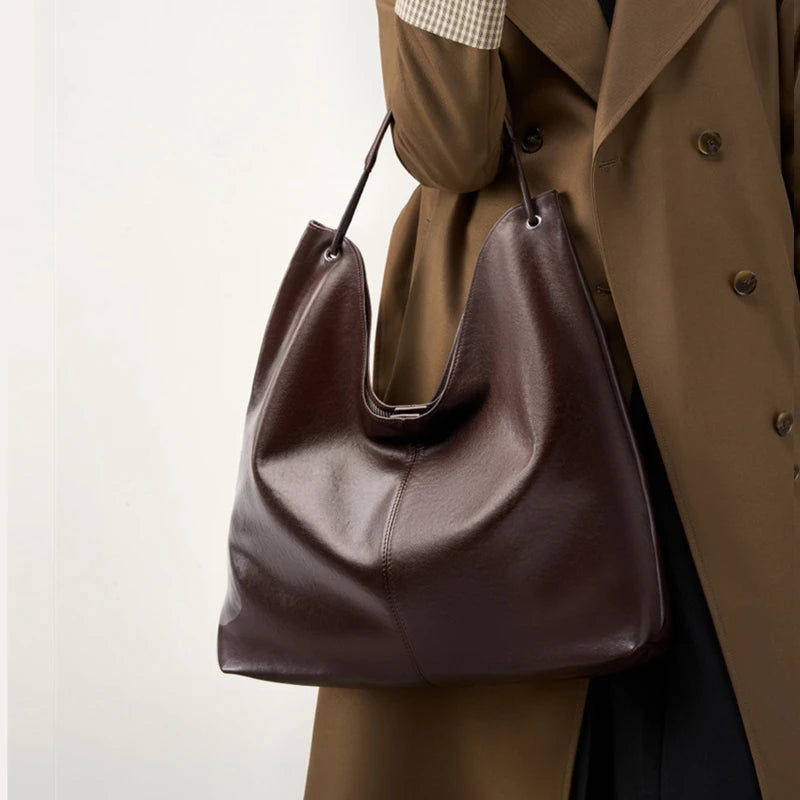 Toptrends Cowhide Genuine Leather Large Underarm Shoulder Bags For Women 2025 Luxury Designer Hobo Tote Bucket Ladies Handbags