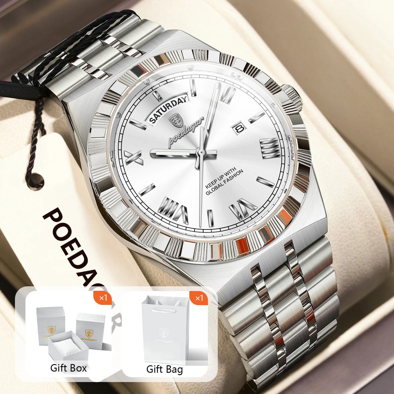 POEDAGAR Original Male Watch Luminous Waterproof Week Date Men Wristwatch Stainless Steel Business Quartz Men's Watches Gift+Box