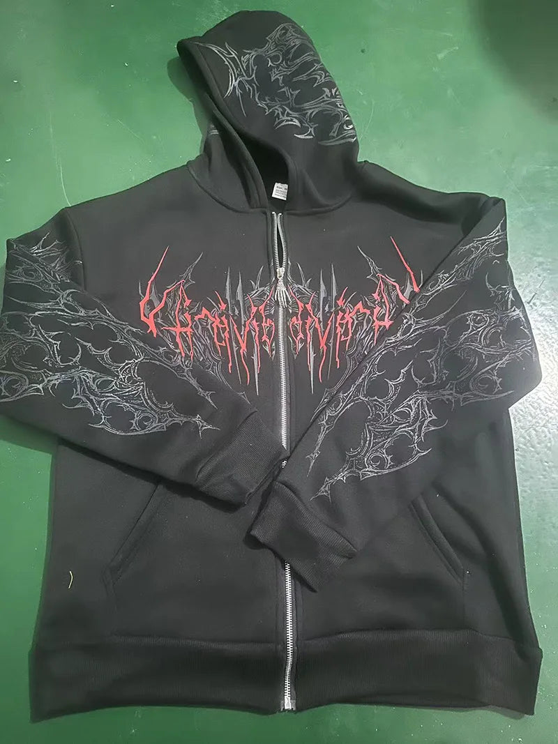 Men Gothic Skull Thorn Graphic Full Zip Up Hoodie Fleece Lined Long Sleeve Winter Punk Goth Streetwear Oversized Sweatshirt