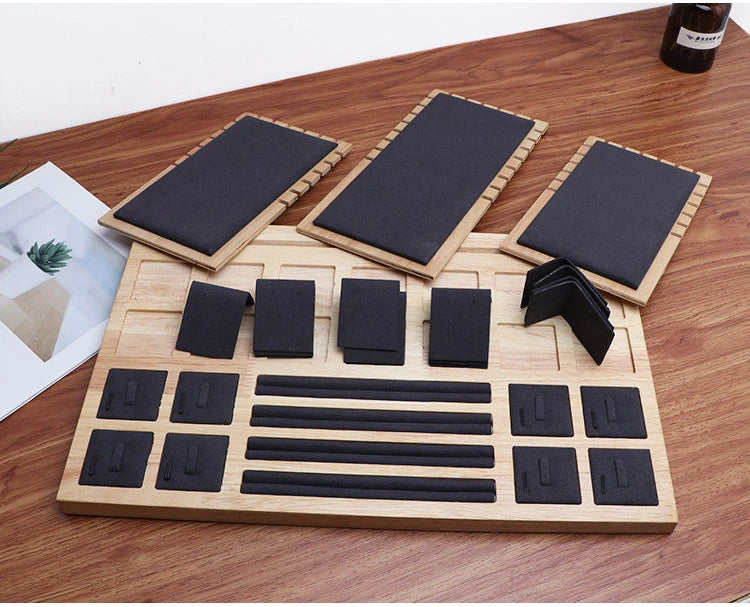 Wood Set Jewelry Counter Display Stand Necklace Pendant Holder Earring Ring Display Tray Props High-Capacity 39*25Cm