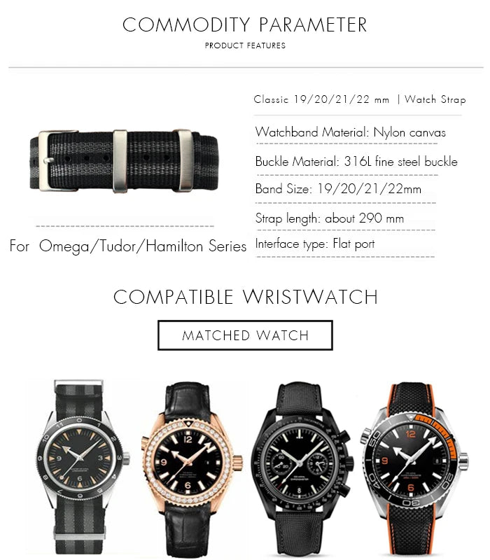 19mm 20mm 21mm 22mm Nylon Canvas Watchband Fit for Omega Seamaster 300 007 AQUA TERRA 150 Seiko Tissot Rolex Watch Strap