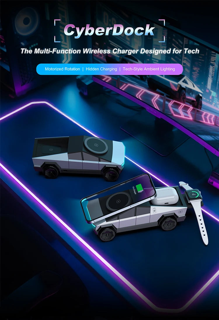New Cybertruck Multifunctional 3-in-1 Wireless Charger Desktop Qi2 Charger for IPhone (15W),Iwatch (5W), Airpods (2.5W) Charging