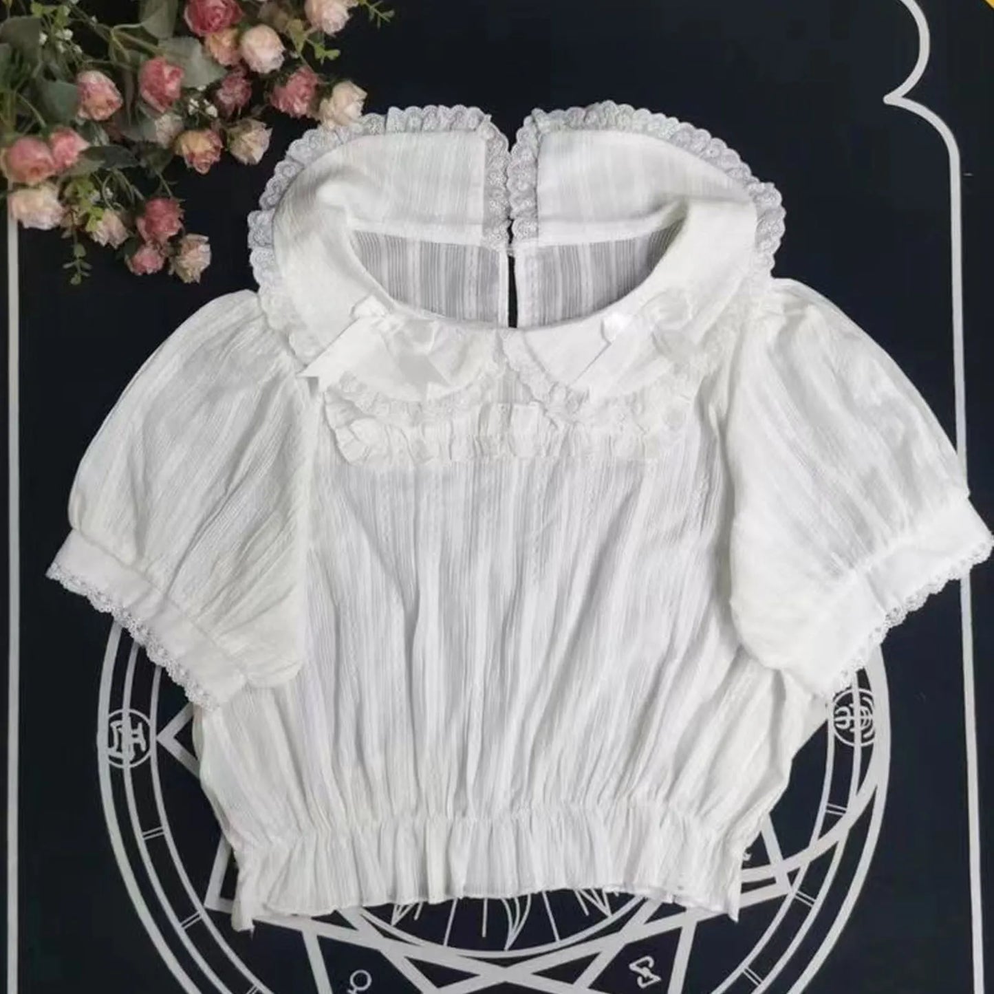 Spring Blouse Women Japanese Kawaii Cute Lace Patchwork Peter Pan Collar Shirt Vintage Sweet Embroidery Top Blusas