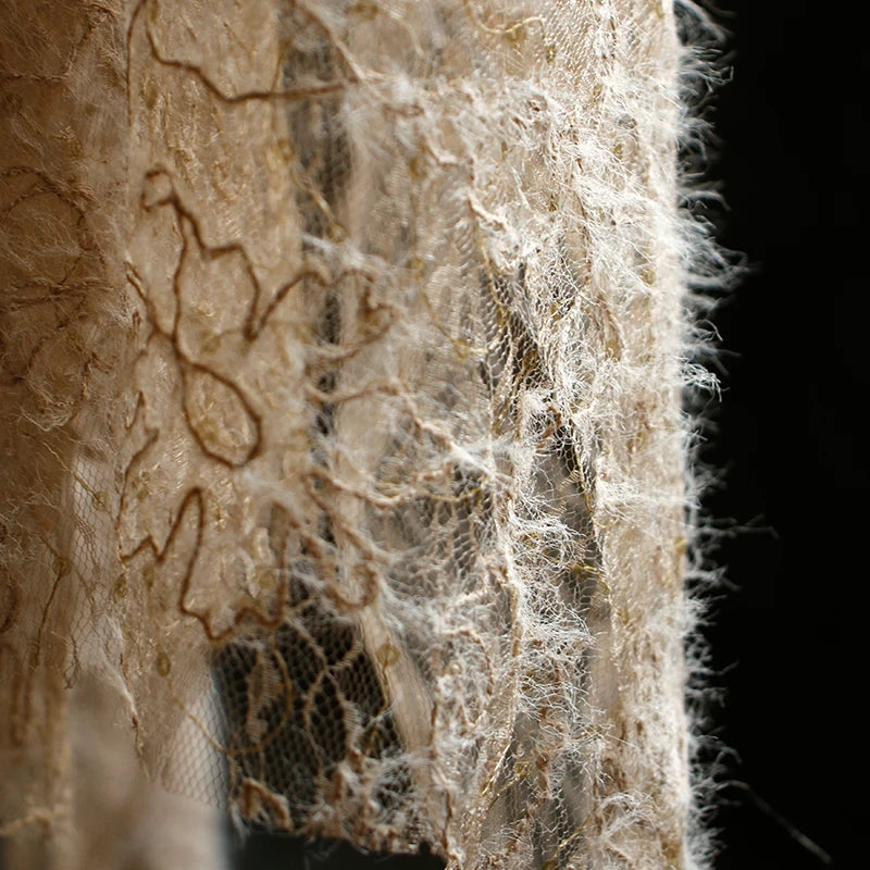 Vintage Brown Sheer Mesh Jacquard Fabric with Fringe Sequins Textured Hanfu Dress Coat Material Designer Clothing Luxury Fashion