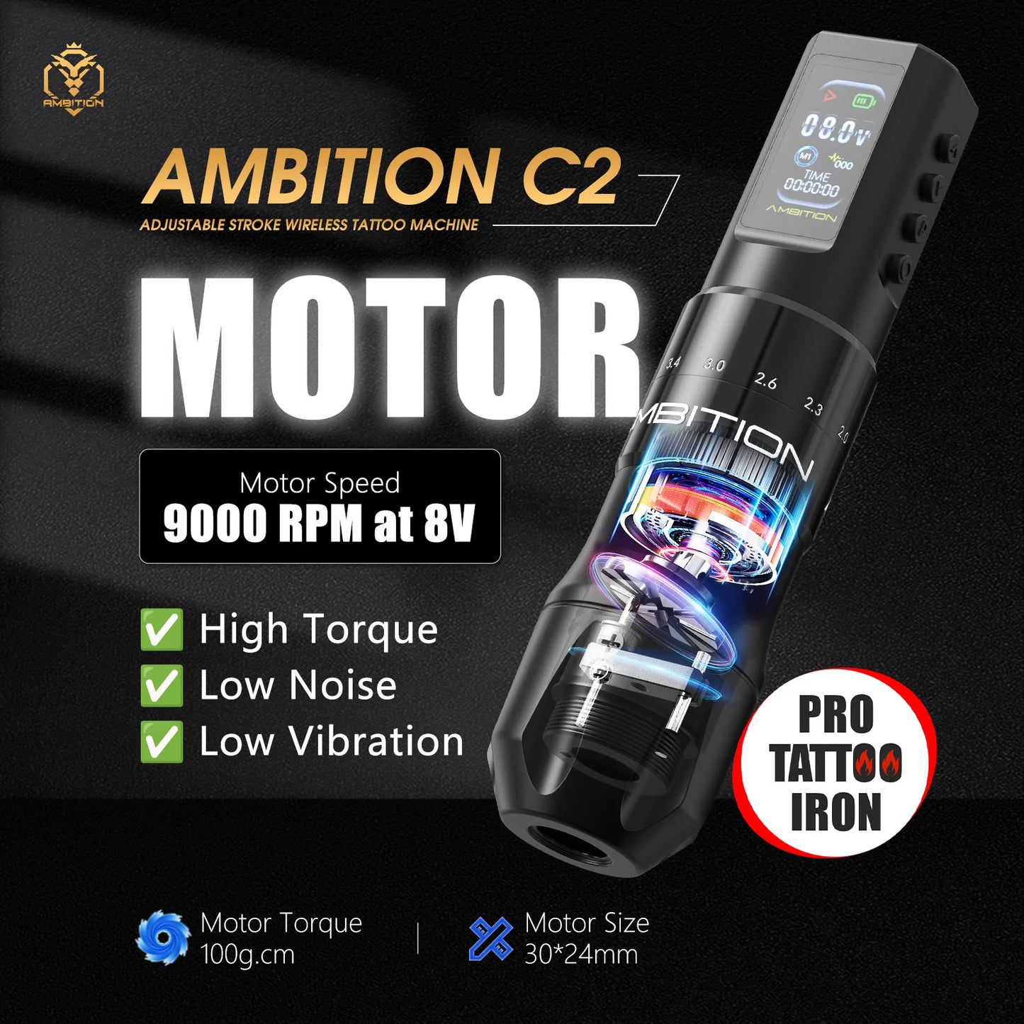 Ambition C2 Kit Wireless Tattoo Machine Pen 7 Adjustable Stroke Coreless Motor 1600mAh Battery Makeup Microplasty Pen For Tattoo