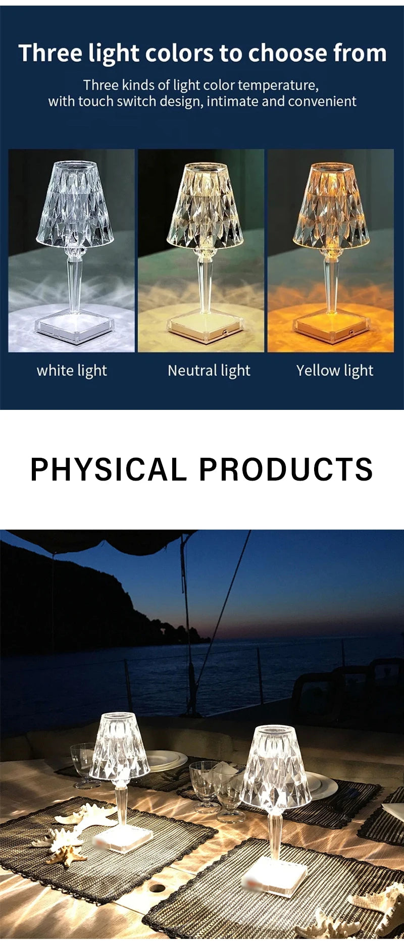 Portable Modern Acrylic Diamond Table Lamp with Crystal -Wireless Night Light for Bedroom Decor and Desk Use Including Lampshade