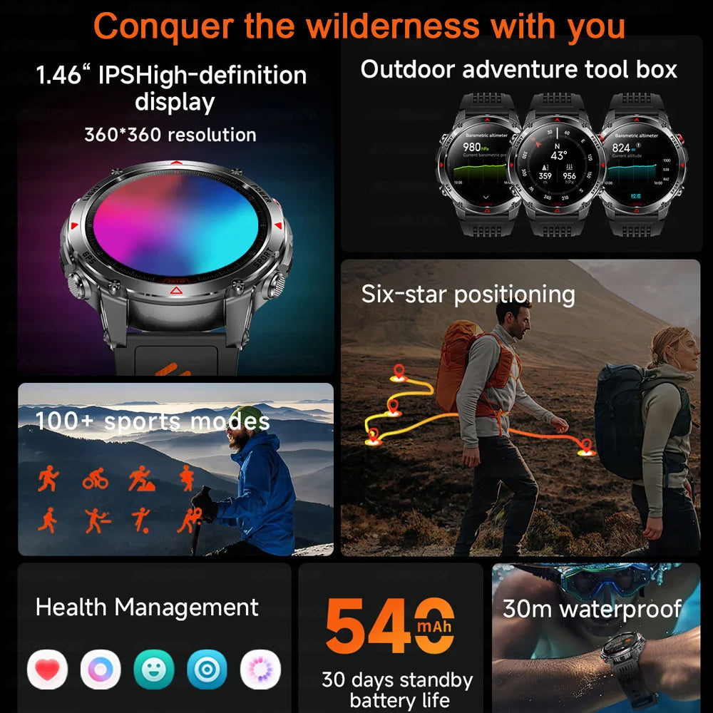 2025 New Outdoor Millitary Smart Watch Men GPS Positioning 540mAh Battery Waterproof Sports Fitness Tracker BT Call Smartwatch